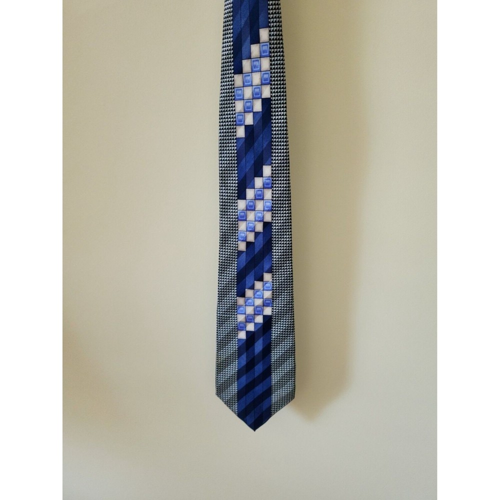 Salvatore Pellegrino Italy Mens Handmade Silk Tie Blue Gray Geometric Pattern - Picture 2 of 5